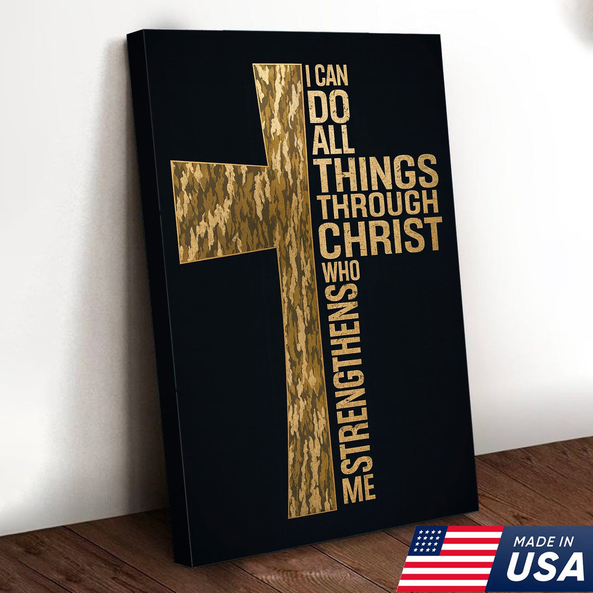 Camo Cross Christian Canvas Wall Art, Philippians 413 I Can Do All Things Through Christ Verse