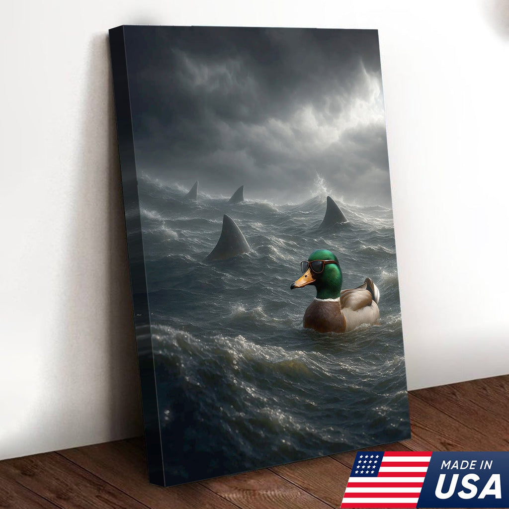 Funny Duck in Shark Infested Waters Canvas Wall Art, Cool Sunglasses Duck Ocean Storm Print