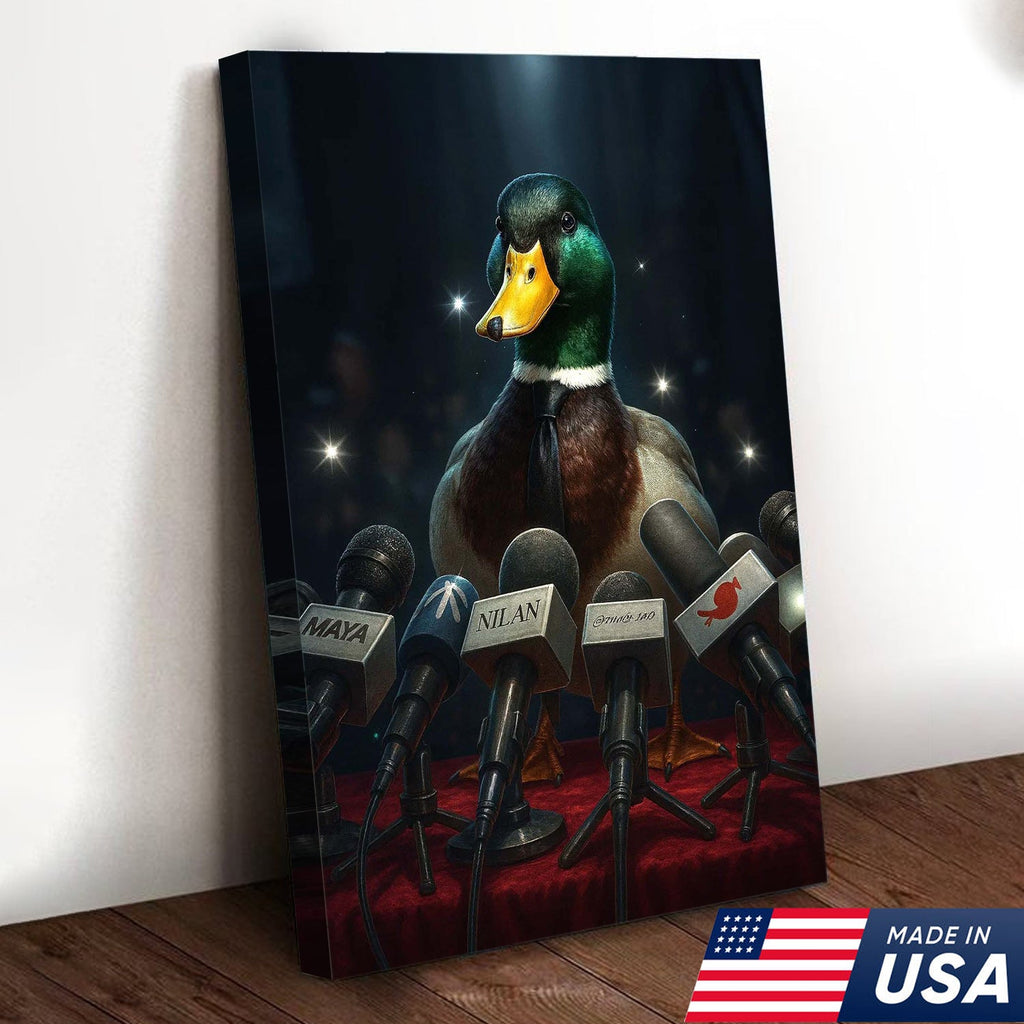 Confident Duck Press Conference Canvas Wall Art, Funny Animal Leader Humor Artwork