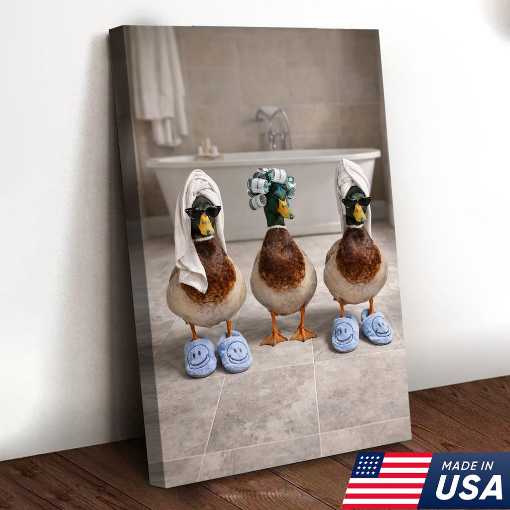 Funny Duck Spa Bathroom Canvas Wall Art, Whimsical Farm Animal Self Care Illustration