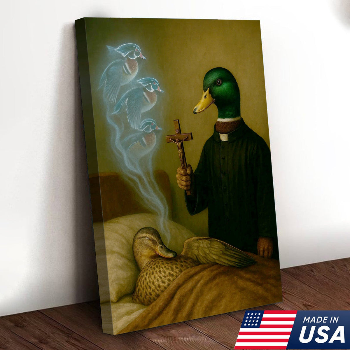 Priest Duck Canvas Wall Art, Surreal Animal Artwork, Funny Dark Humor Painting, Unique Gift for Hunters or Art Collectors