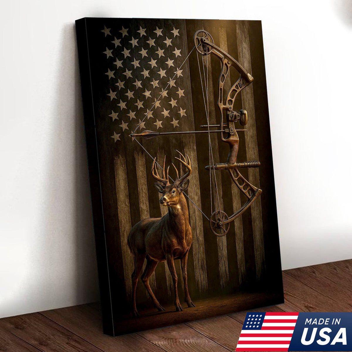 Deer and Bow American Flag Canvas Wall Art — Patriotic Hunting Decor Featuring Buck and Compound Bow