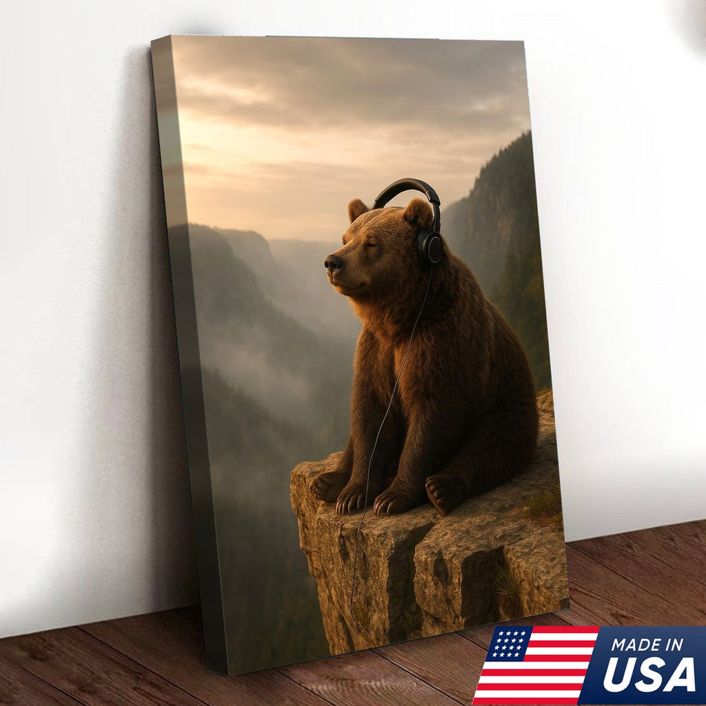 Funny Bear Wall Art, Chill Bear Canvas, Bear with Headphones Art