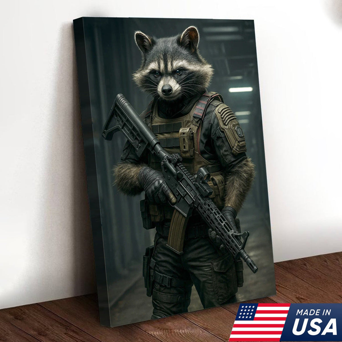 Tactical Raccoon Canvas Art – Elite Armored Trash Panda Warrior