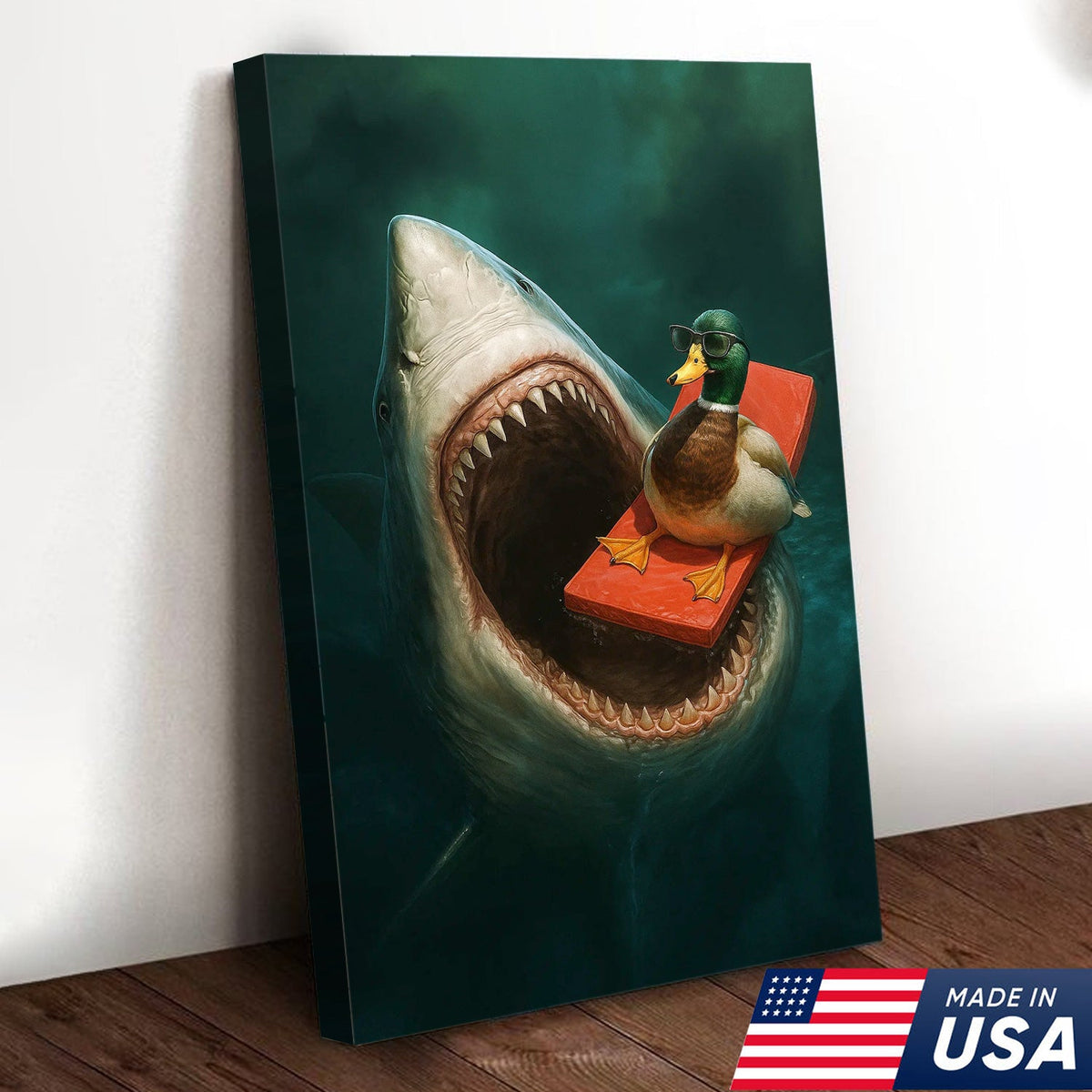 Funny Duck Shark Canvas Wall Art, Fearless Sunglasses Duck Floating Above Shark Jaws Print