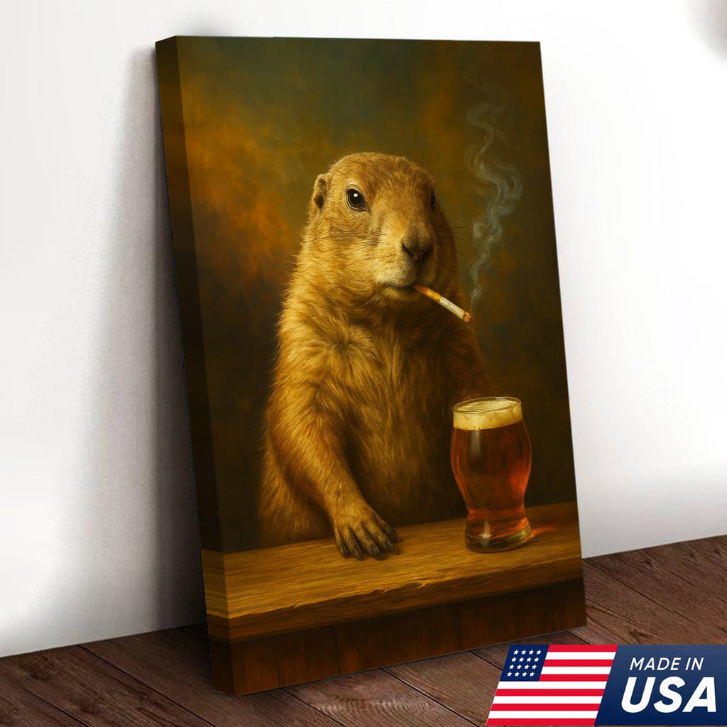 Rustic Prairie Dog Canvas Wall Art – Funny Wildlife Bar Scene with Beer – Hunting Cabin Decor
