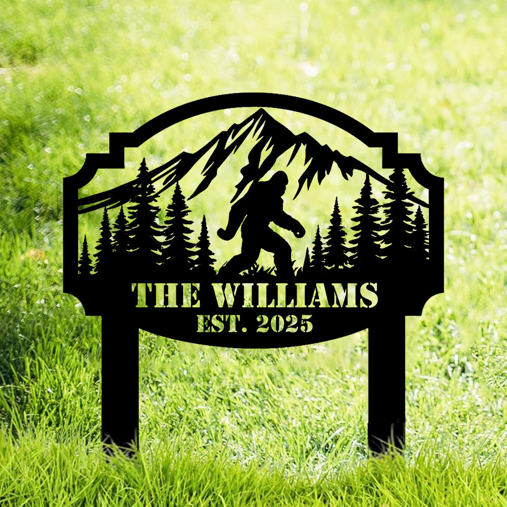 Personalized Bigfoot Mountain Scene Metal Sign – Custom Family Yard Sign