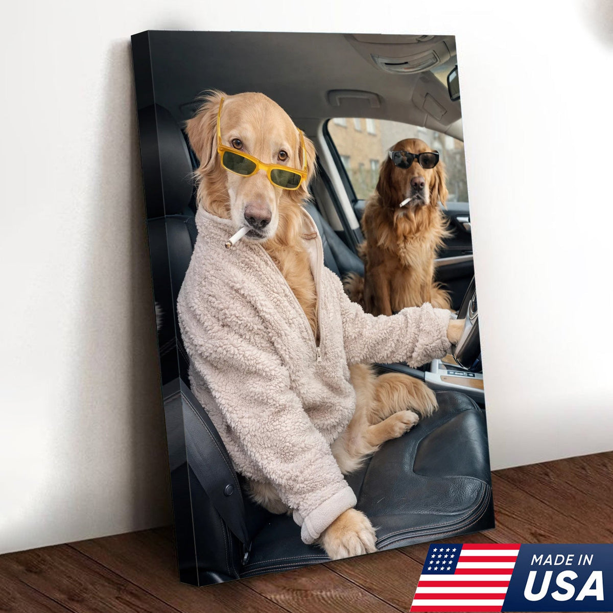 Funny Dog Driving Car Canvas Wall Art, Cool Golden Retriever Duo Portrait
