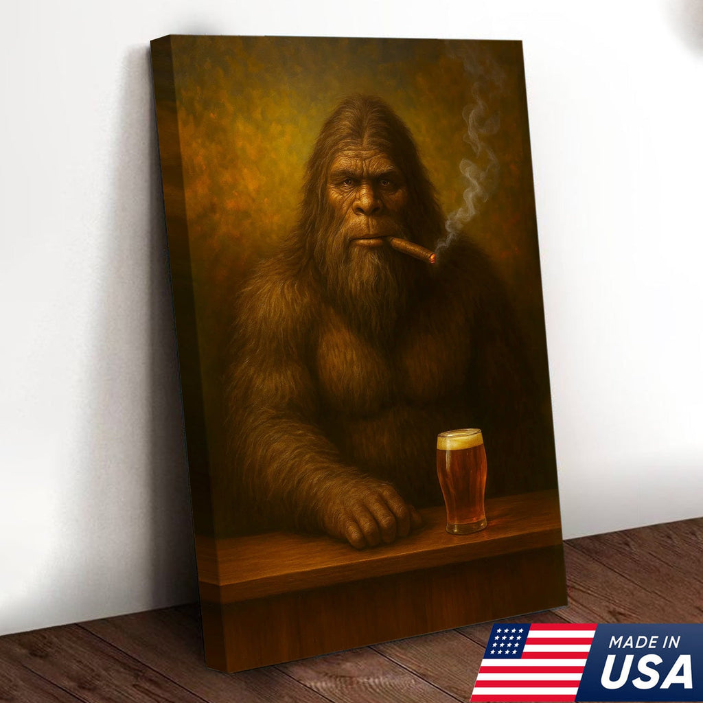 Funny Bigfoot Wall Art Canvas – Funny Sasquatch Smoking & Beer Canvas, Hunting Cabin & Man Cave Decor