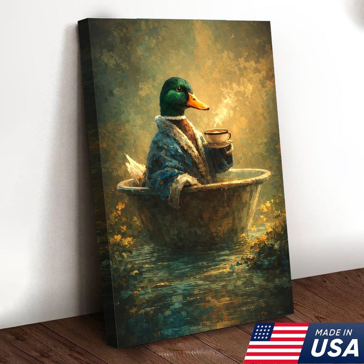 Whimsical Duck Coffee Bath Canvas Wall Art, Cozy Animal Painting