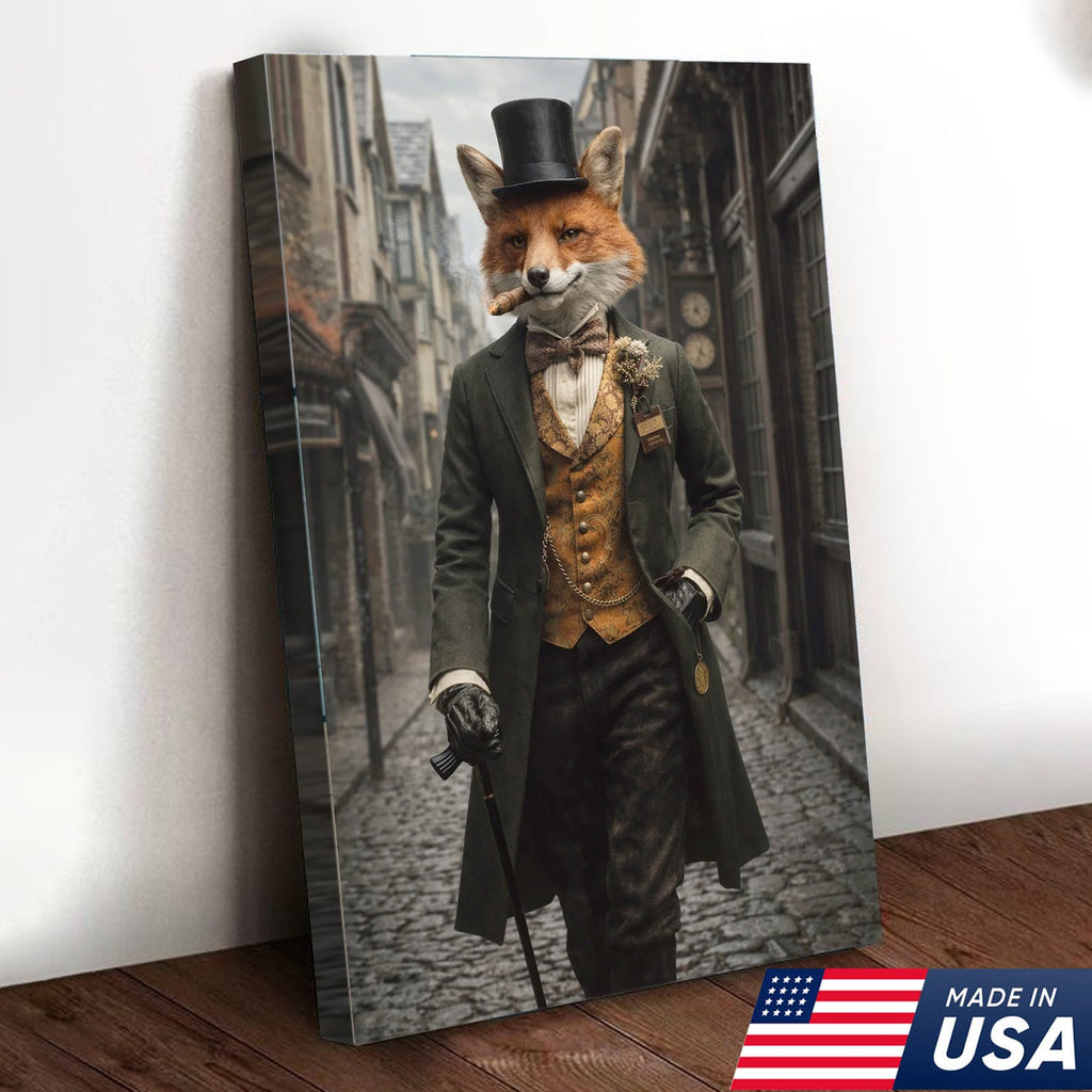 Victorian Gentleman Fox Canvas Wall Art, Elegant Anthropomorphic Fox Illustration