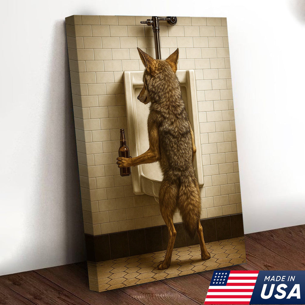 Hilarious Coyote Canvas Wall Art – Funny Bathroom Humor Decor – Rustic Hunting Cabin Gag Gift