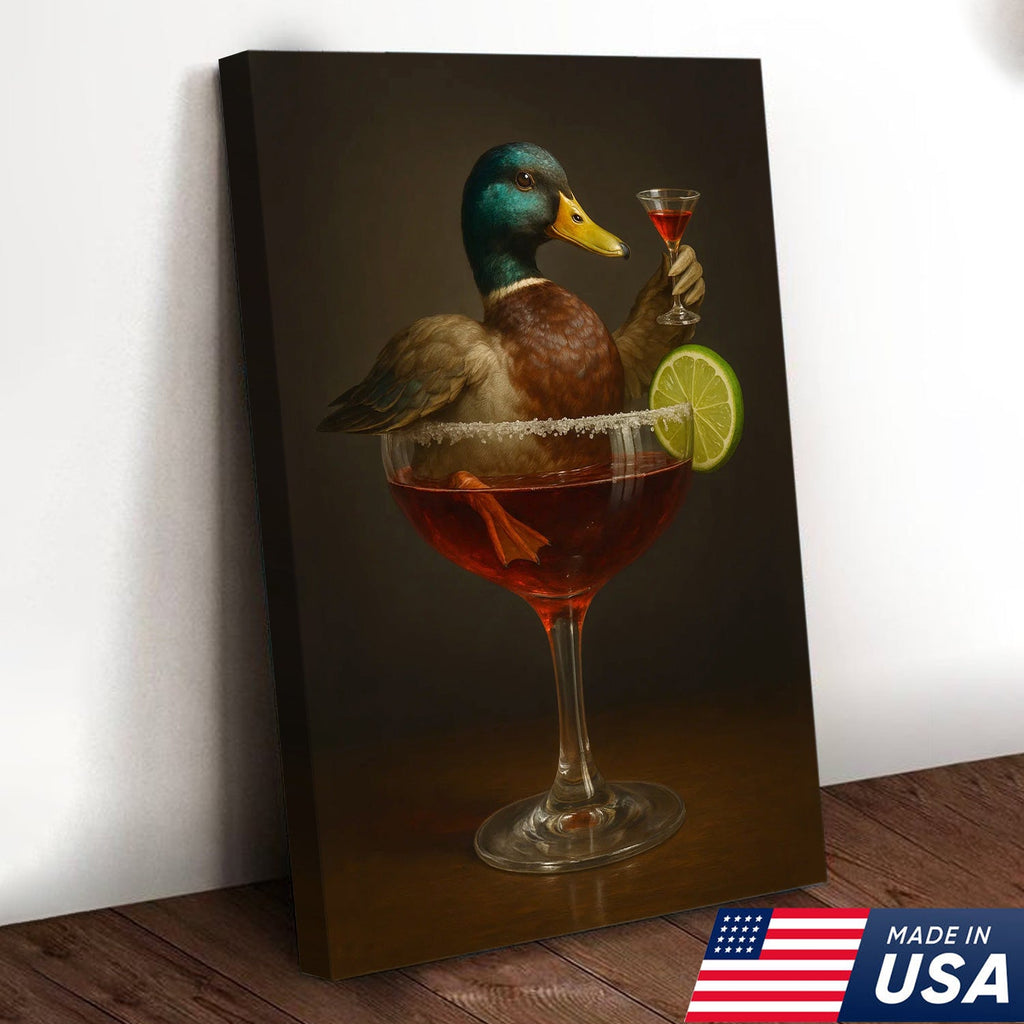 Funny Mallard Duck Canvas Wall Art - Quirky Animal in Cocktail Glass Design