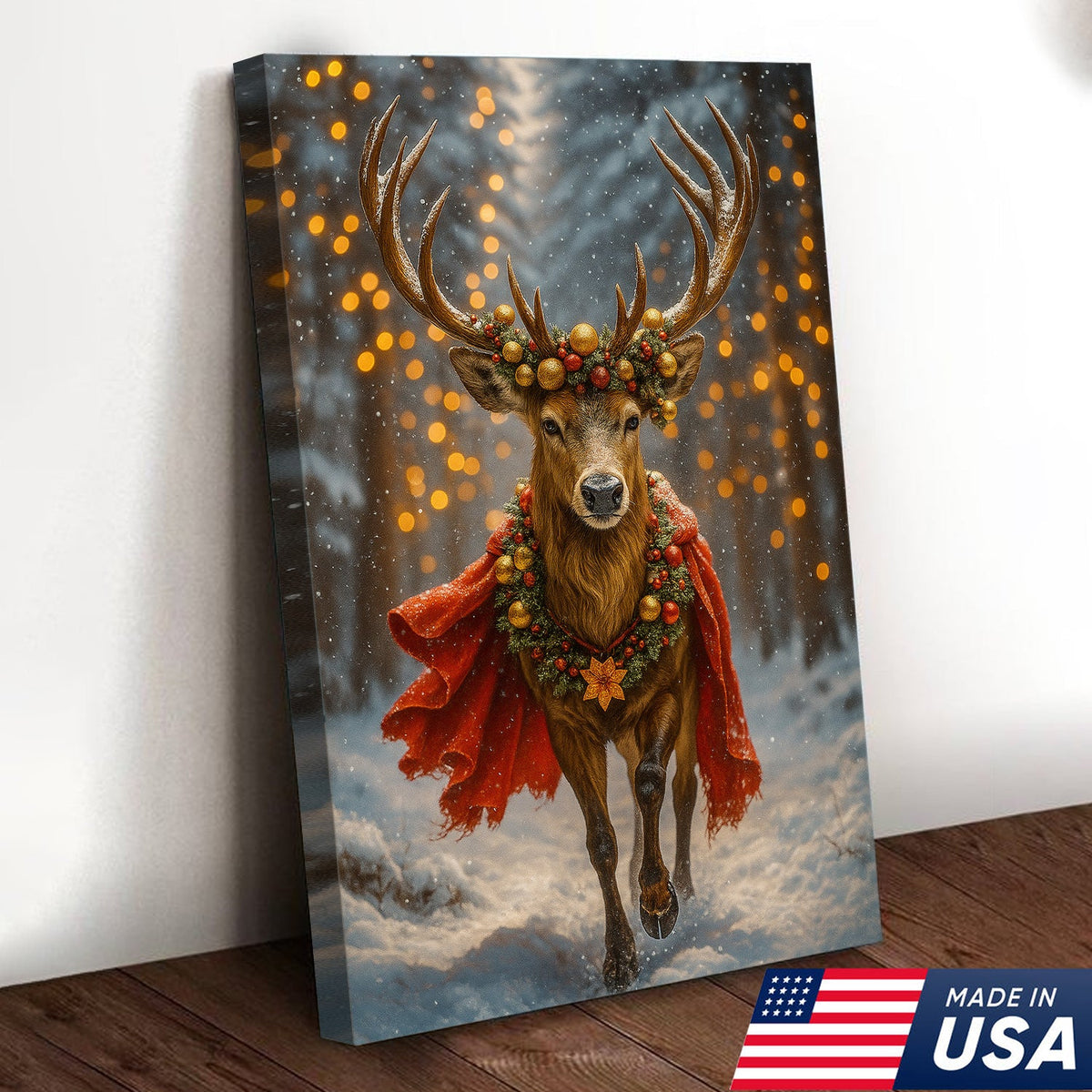 Majestic Christmas Deer Art Canvas – Holiday Forest Decor with Wreath & Red Cape