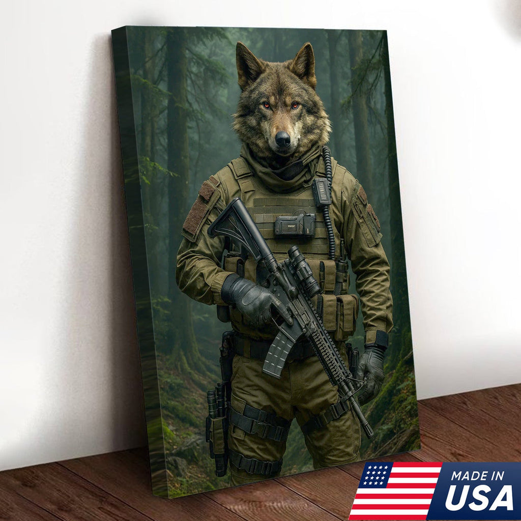 Tactical Wolf Canvas Art – Elite Armored Wolf Warrior in Forest