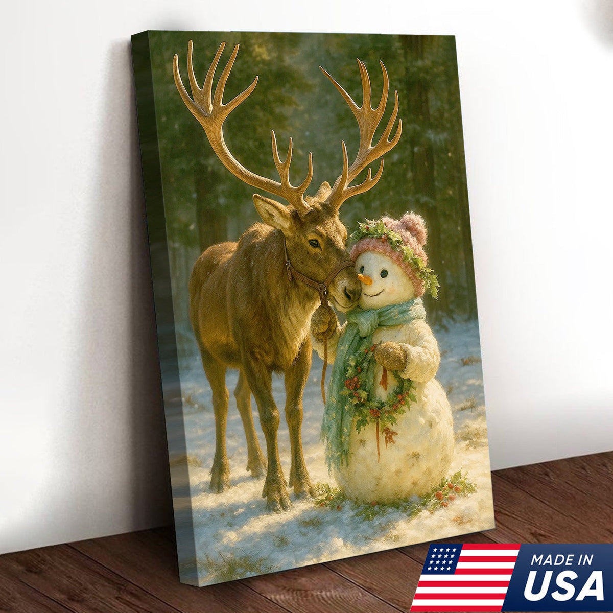 Reindeer and Snowman Friends Christmas Canvas Wall Art, Whimsical Winter Forest Holiday Print