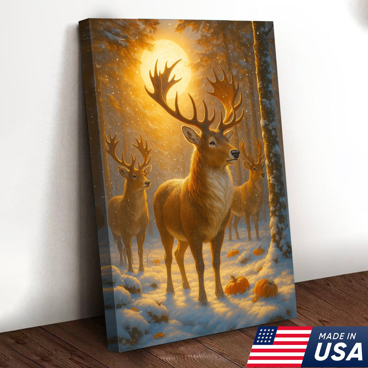 Majestic Winter Buck Under the Harvest Moon Canvas – Rustic Wildlife Wall Art