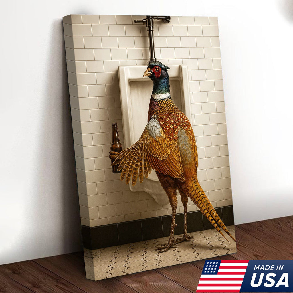 Funny Pheasant Canvas Wall Art – Hilarious Bathroom Humor Decor – Rustic Hunting Cabin Gag Gift