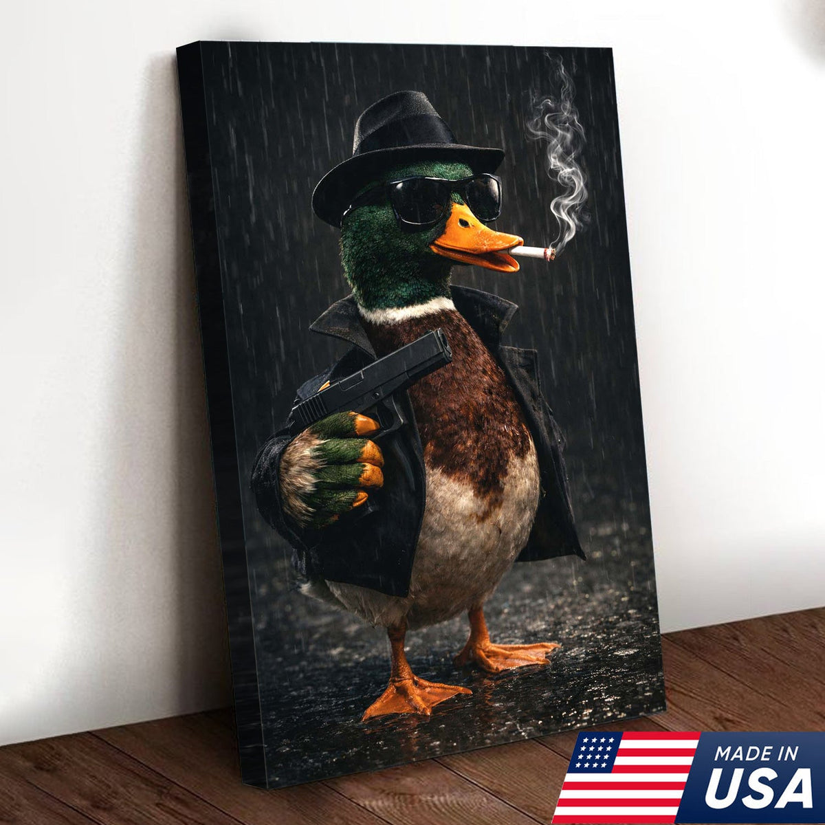 Noir Gangster Duck Canvas Wall Art, Dark Cinematic Animal Illustration