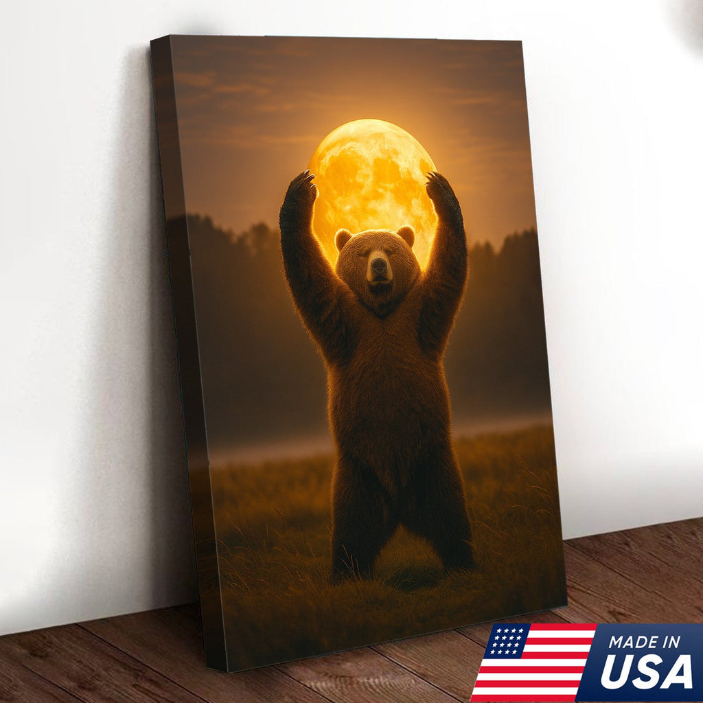 Bear Holding the Full Moon Wall Art Canvas – Mystical Wildlife Decor for Cabin & Nature Lovers