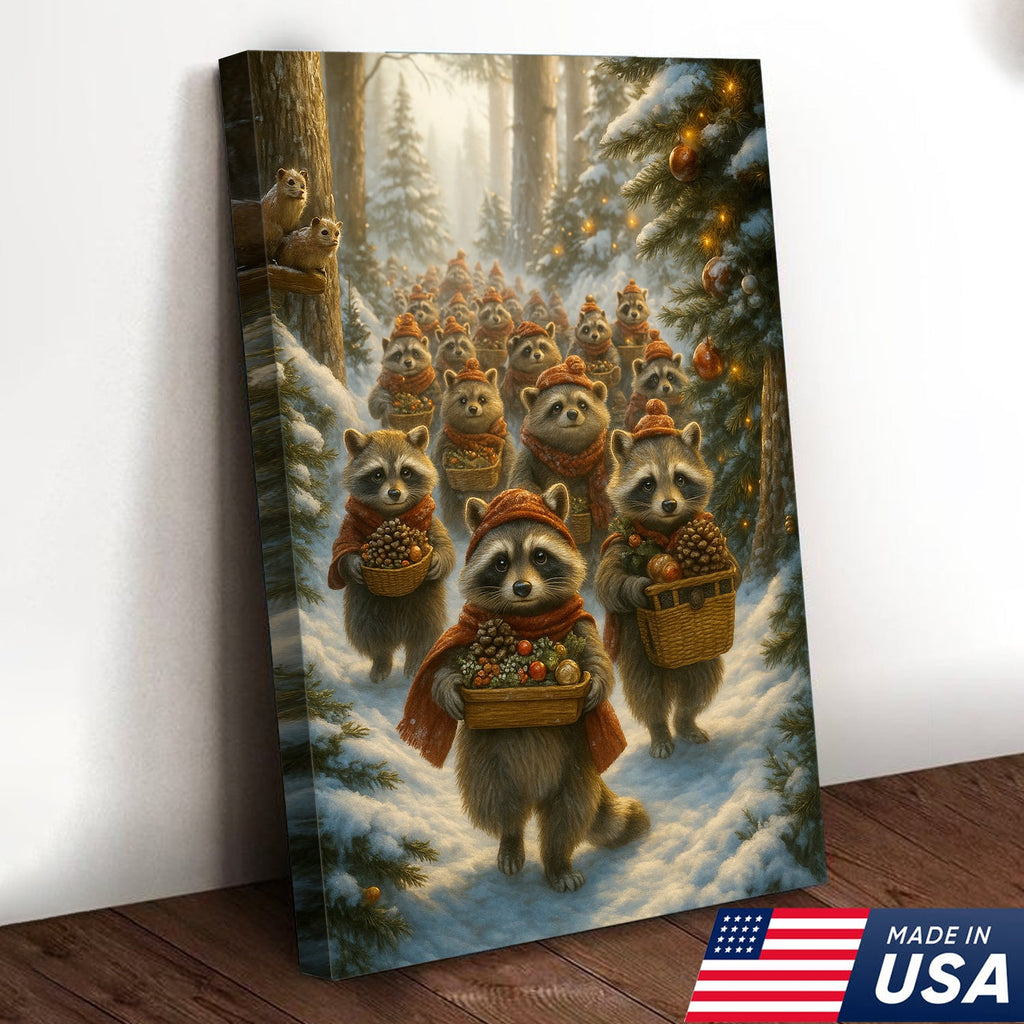 Raccoon Christmas Parade Canvas – Cozy Winter Woodland Wall Art