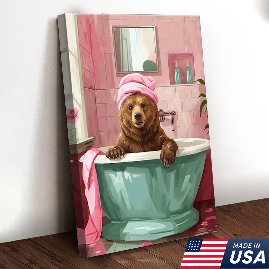 Funny Bear Bathroom Wall Art, Cute Bath Bear Canvas, Pink Bathroom Decor