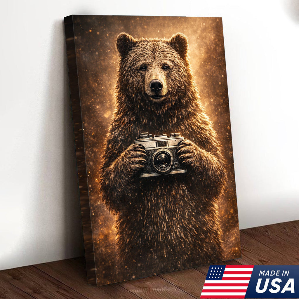 Funny Bear Photographer Wall Art Canvas – Rustic Wildlife Camera Canvas Print Decor