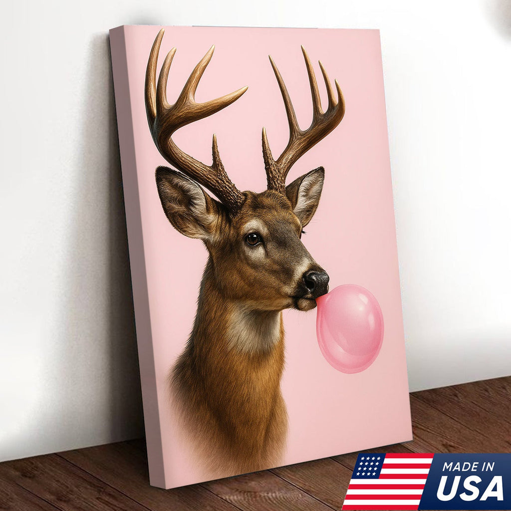 Funny Deer Blowing Bubblegum Wall Art – Modern Animal Canvas Print for Living Room