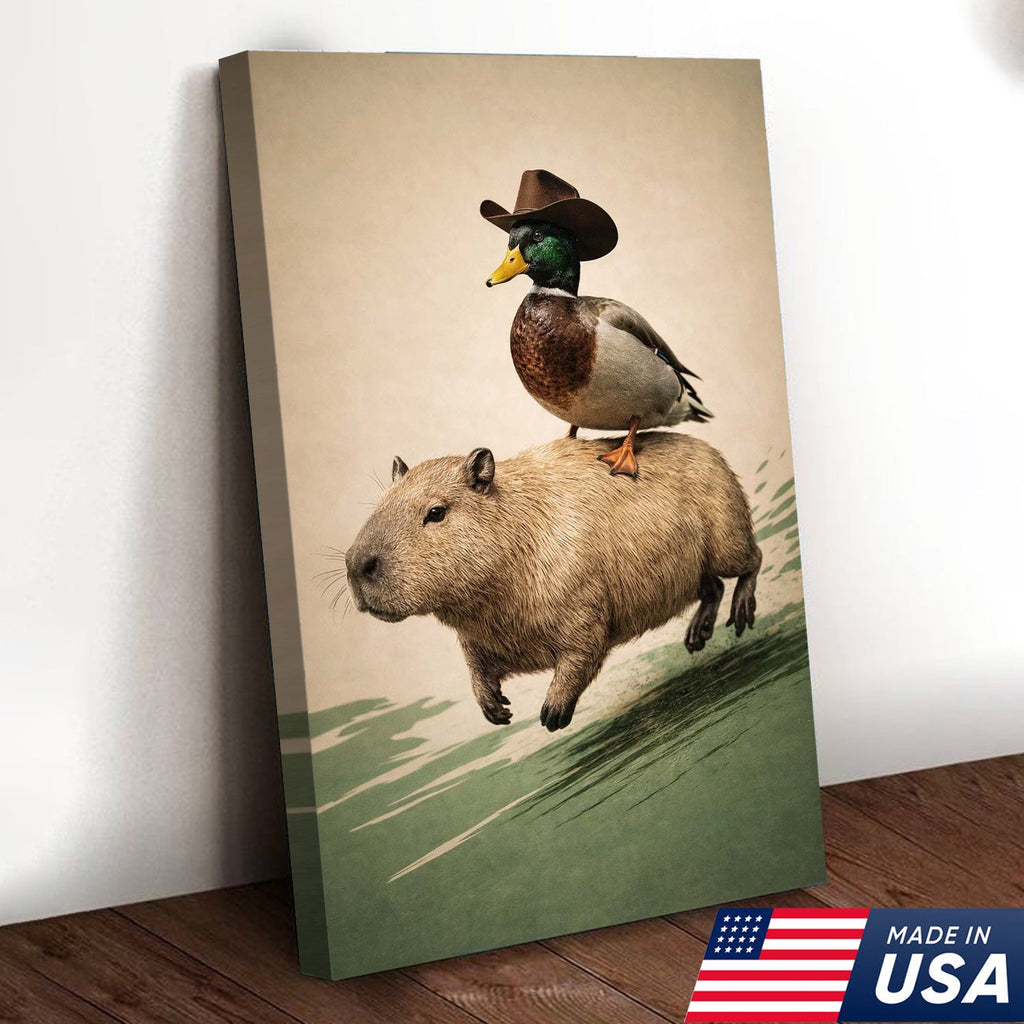 Whimsical Cowboy Duck Riding Capybara Canvas Wall Art, Surreal Animal Adventure Painting