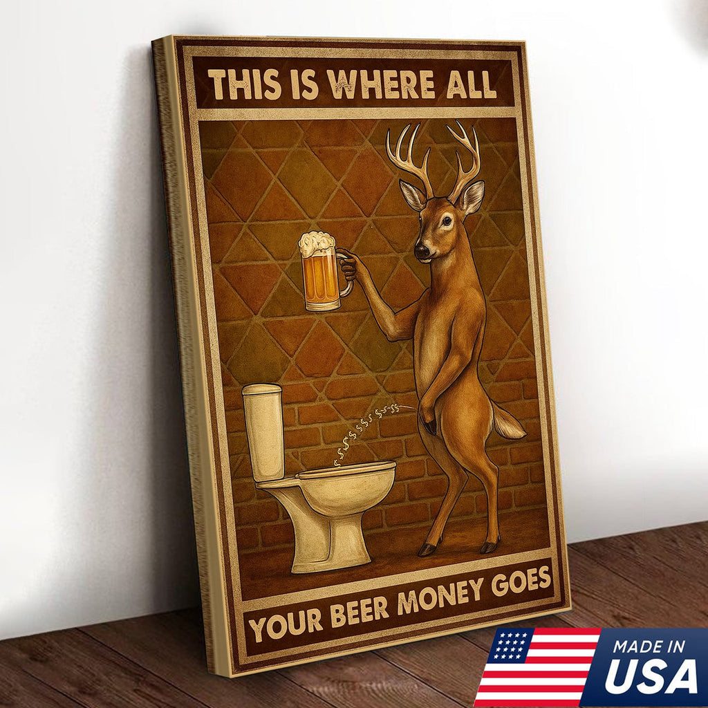 Funny Deer Beer Canvas Wall Art – Rustic Hunting Lodge Bar Decor Gift for Hunters & Beer Lovers