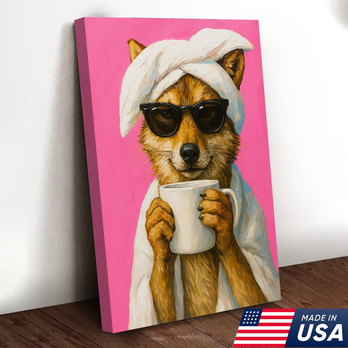 Funny Fox Drinking Coffee Wall Art – Modern Animal Canvas Print for Kitchen