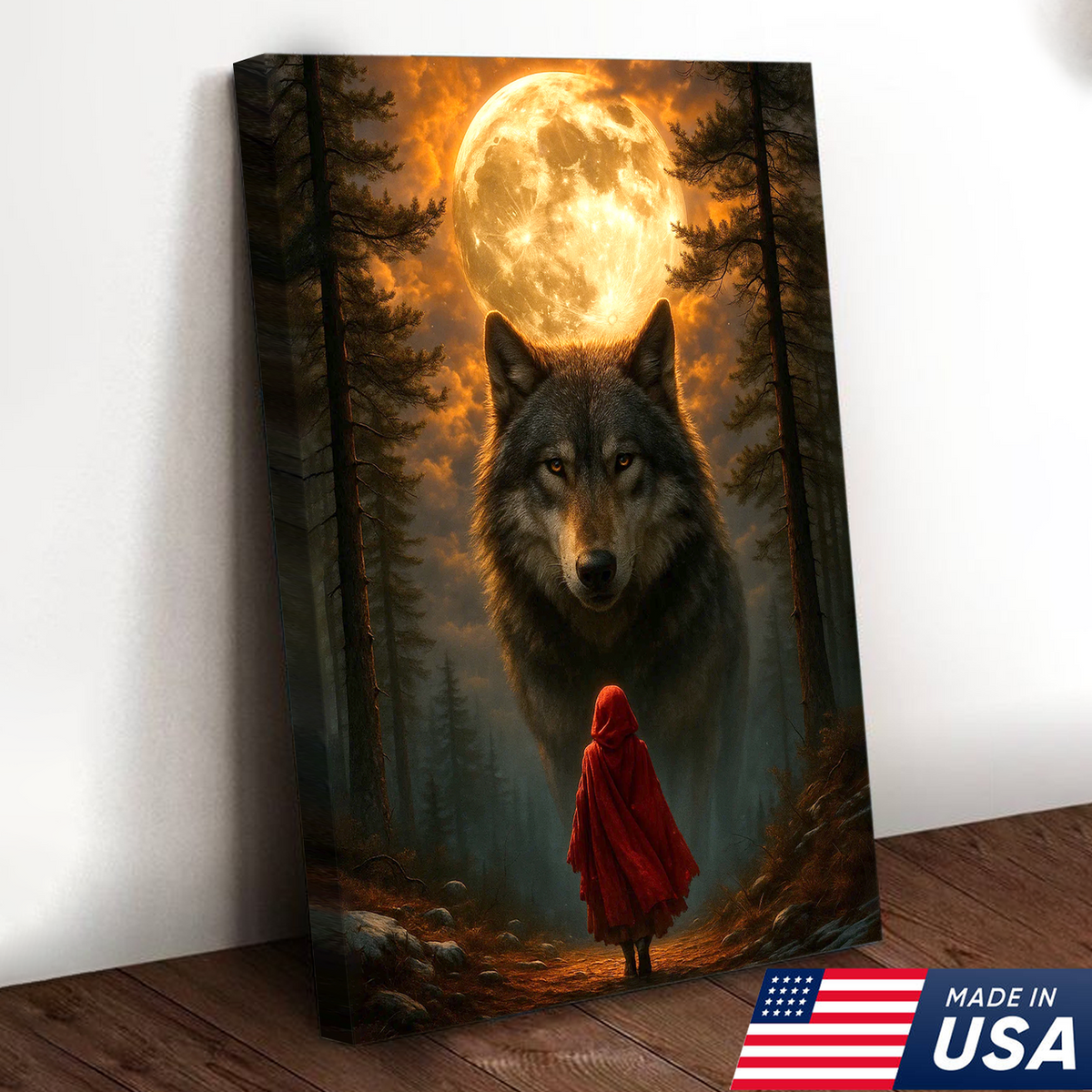 Wolf and Little Red Riding Hood Canvas Wall Art – Fantasy Moonlit Forest Scene