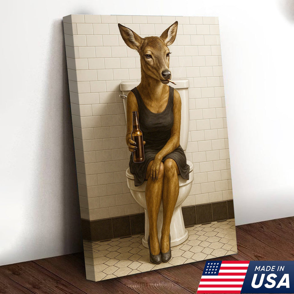 Funny Doe Canvas Wall Art – Hilarious Bathroom Humor Decor – Rustic Cabin Lodge Gag Gift