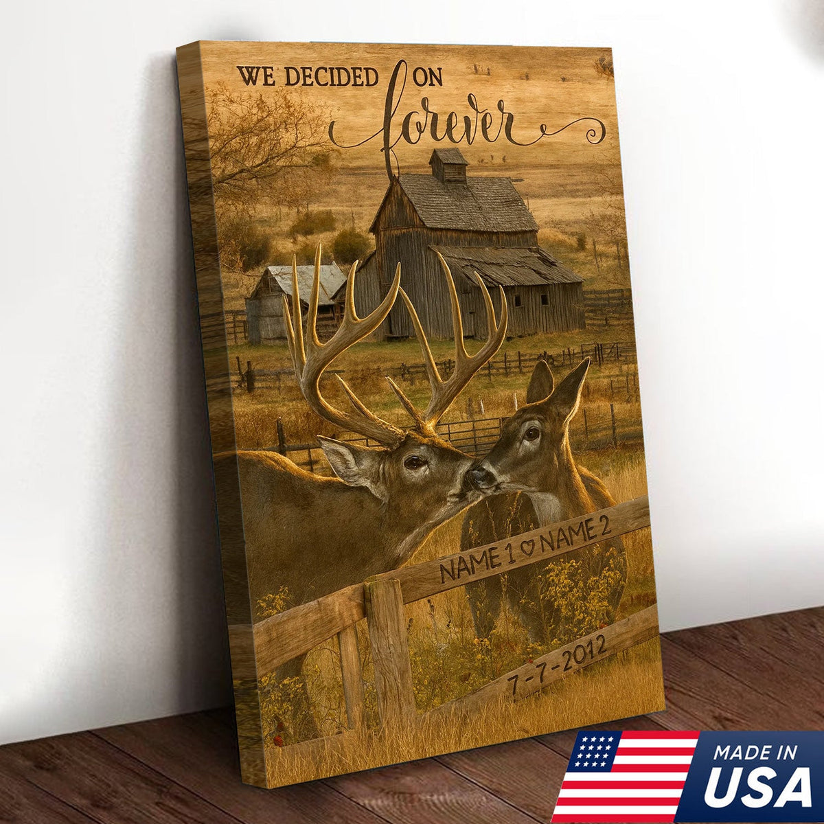 Rustic Deer Couple Canvas Art – Personalized Farmhouse Buck & Doe Kissing Scene