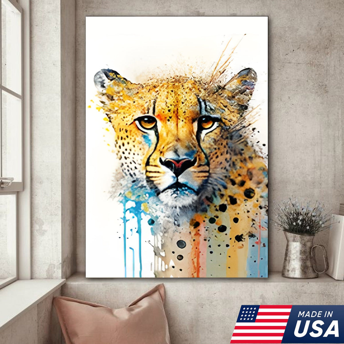 Watercolor Big Cat Wall Art Canvas Set, Colorful Wildlife Animal Portrait Triptych