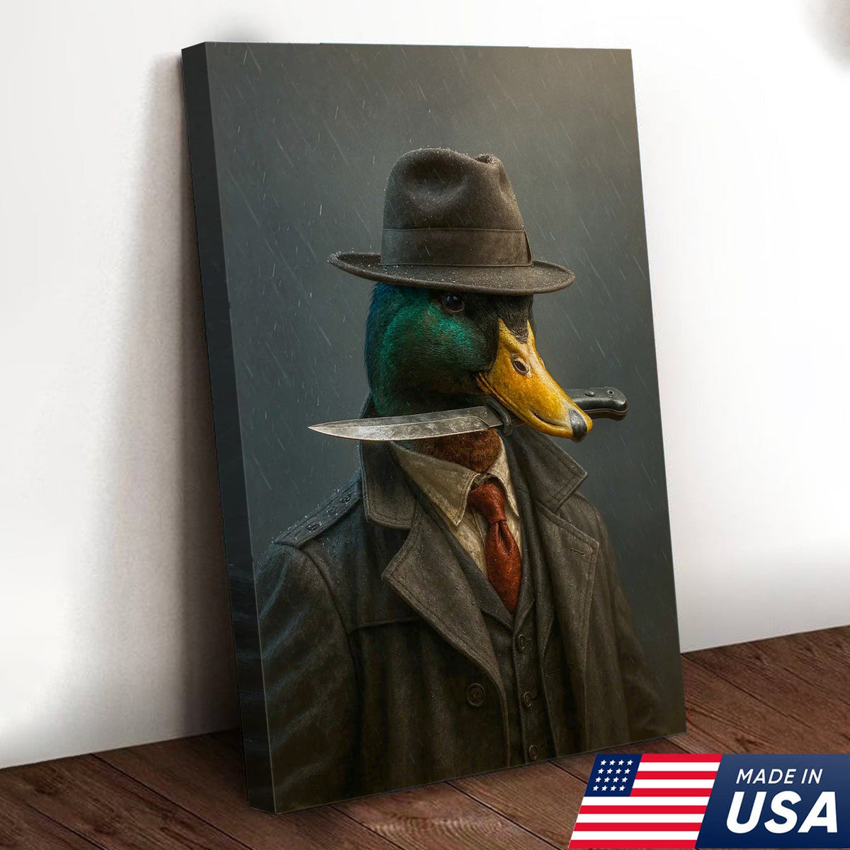 Gangster Duck Canvas – Mafia Mallard with Knife, Vintage Boss Wall Art for Man Cave & Bar Decor