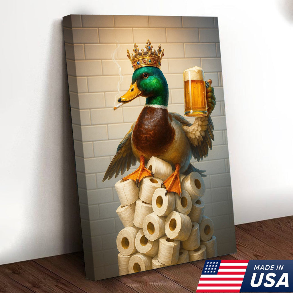Royal Duck Canvas Wall Art - Funny Bathroom Decor with Crown and Beer - Rustic Wildlife Lodge Print