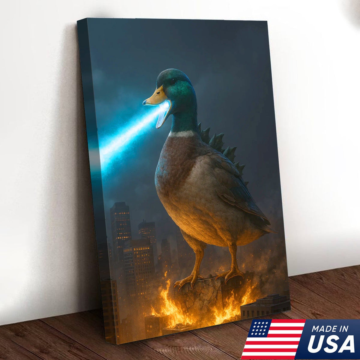 Duckzilla Canvas – Epic Monster Duck Breathing Blue Fire Over City, Funny Kaiju Parody Wall Art