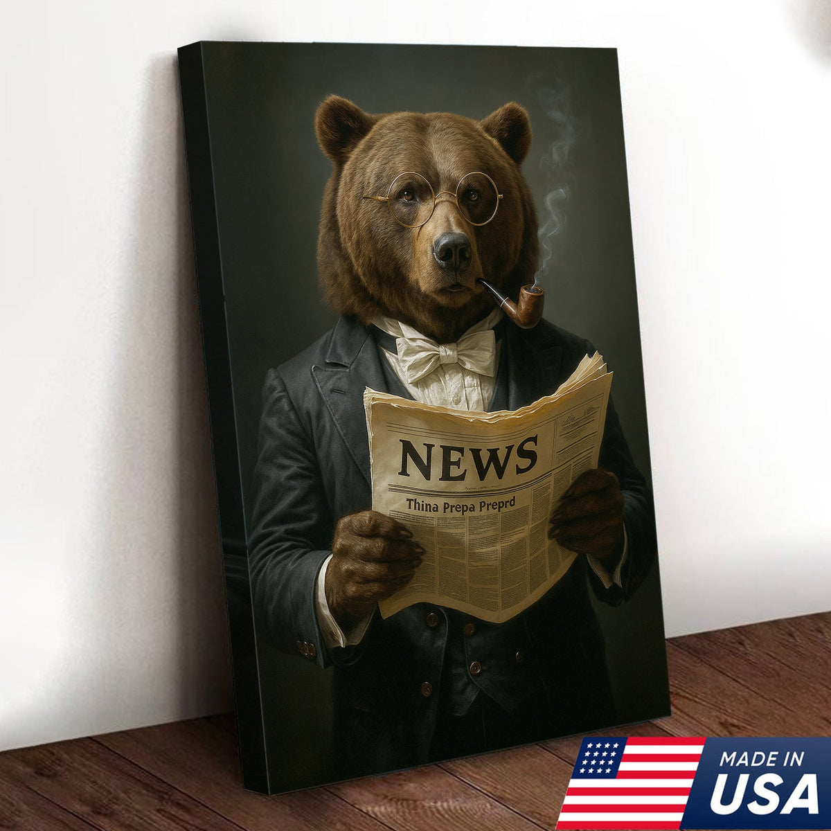 Bear Reading Newspaper Canvas Wall Art – Vintage Gentleman Bear Wall Decor for Home & Office