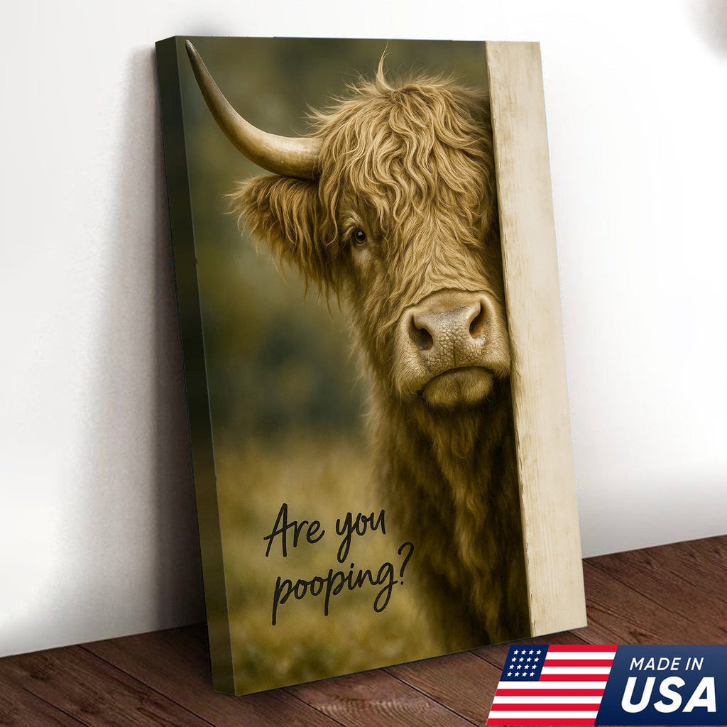 Highland Cow Bathroom Wall Art, Funny “Are You Pooping?” Farmhouse Canvas