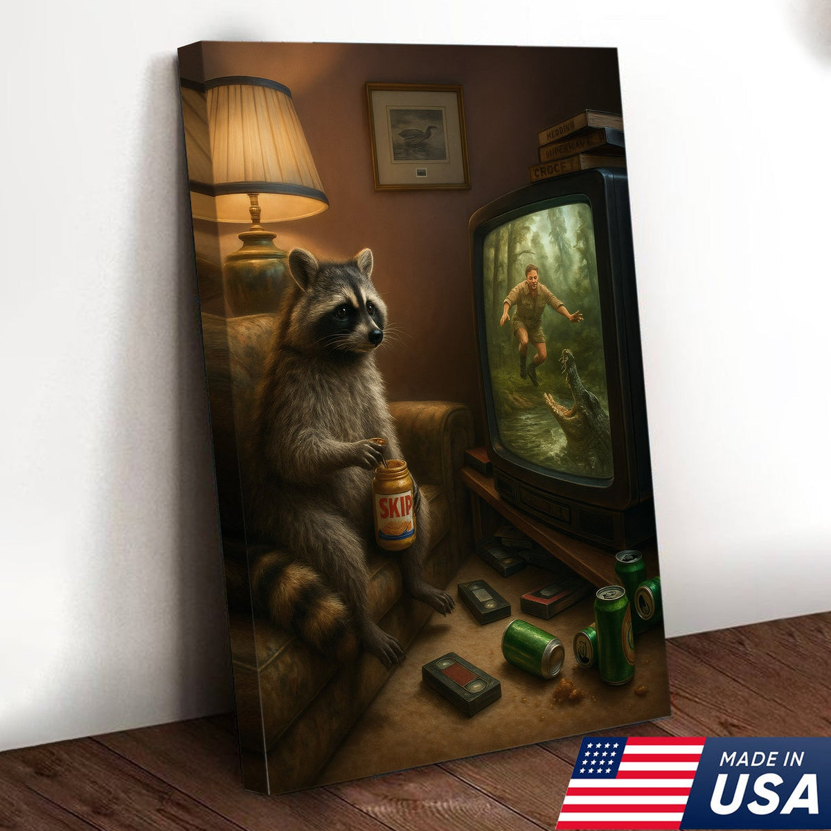 Funny Raccoon Watching TV Wall Art – Lazy Animal Painting, Wildlife Humor Canvas