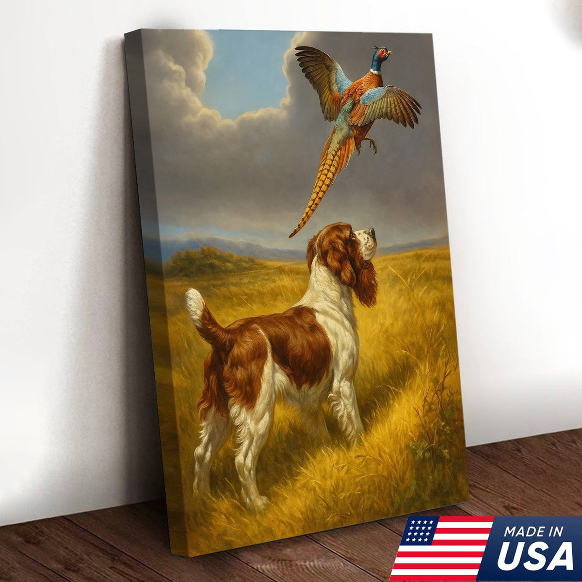 Hunting Dog and Pheasant Canvas Wall Art – Rustic Wildlife Scene – Lodge and Cabin Decor