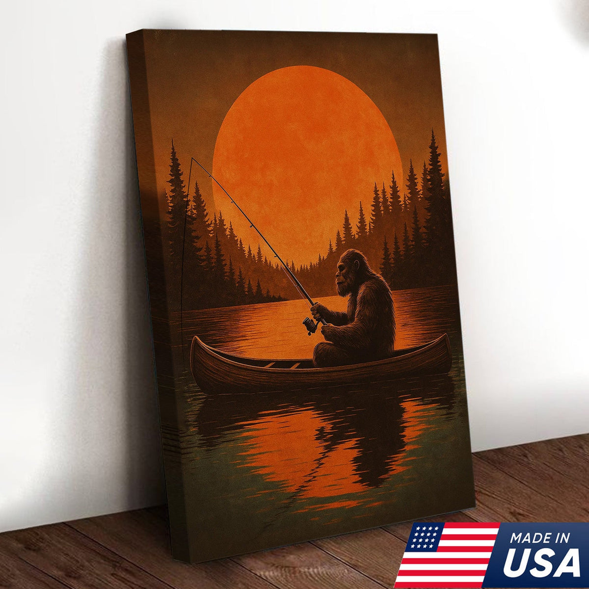 Funny Bigfoot Fishing Wall Art – Sasquatch Canoe Sunset Canvas for Anglers, Hunters