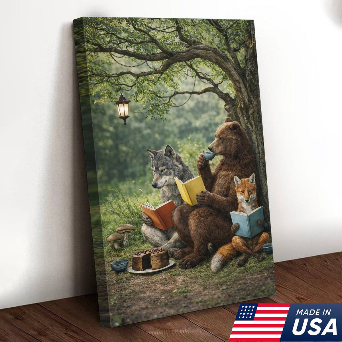 Whimsical Woodland Animals Reading Canvas Wall Art, Bear Wolf Fox Forest Storybook Decor