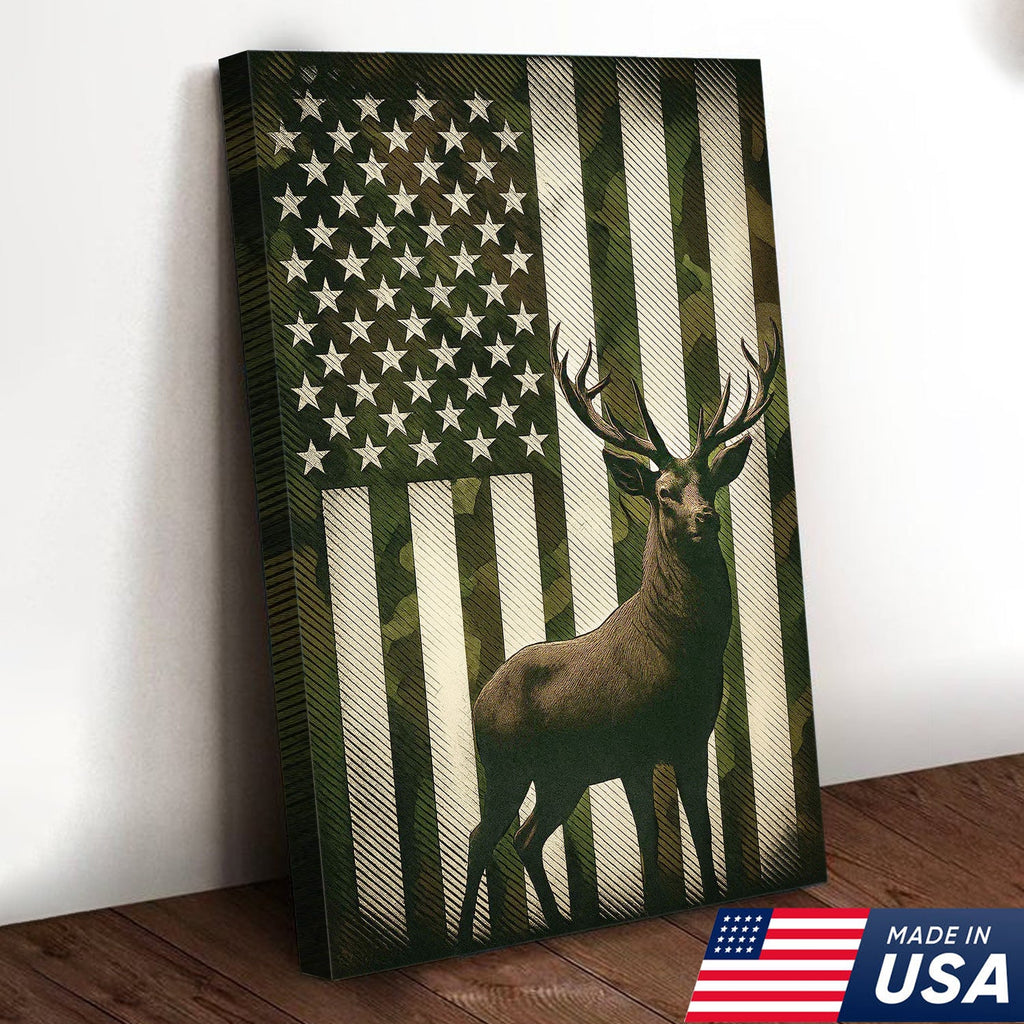 Patriotic Deer American Flag Canvas Wall Art, Camo USA Flag Buck Print