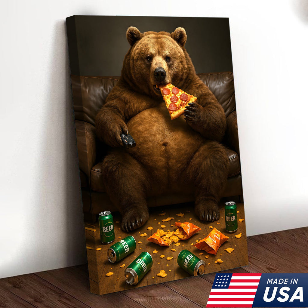 Funny Bear Eating Pizza Canvas Wall Art – Lazy Beer Lover Animal Canvas, Man Cave