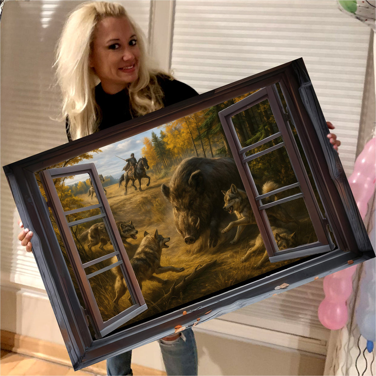Epic Wild Boar Hunting Scene Wall Art - Wolves & Hunters 3D Canvas for Cabin & Lodge Decor