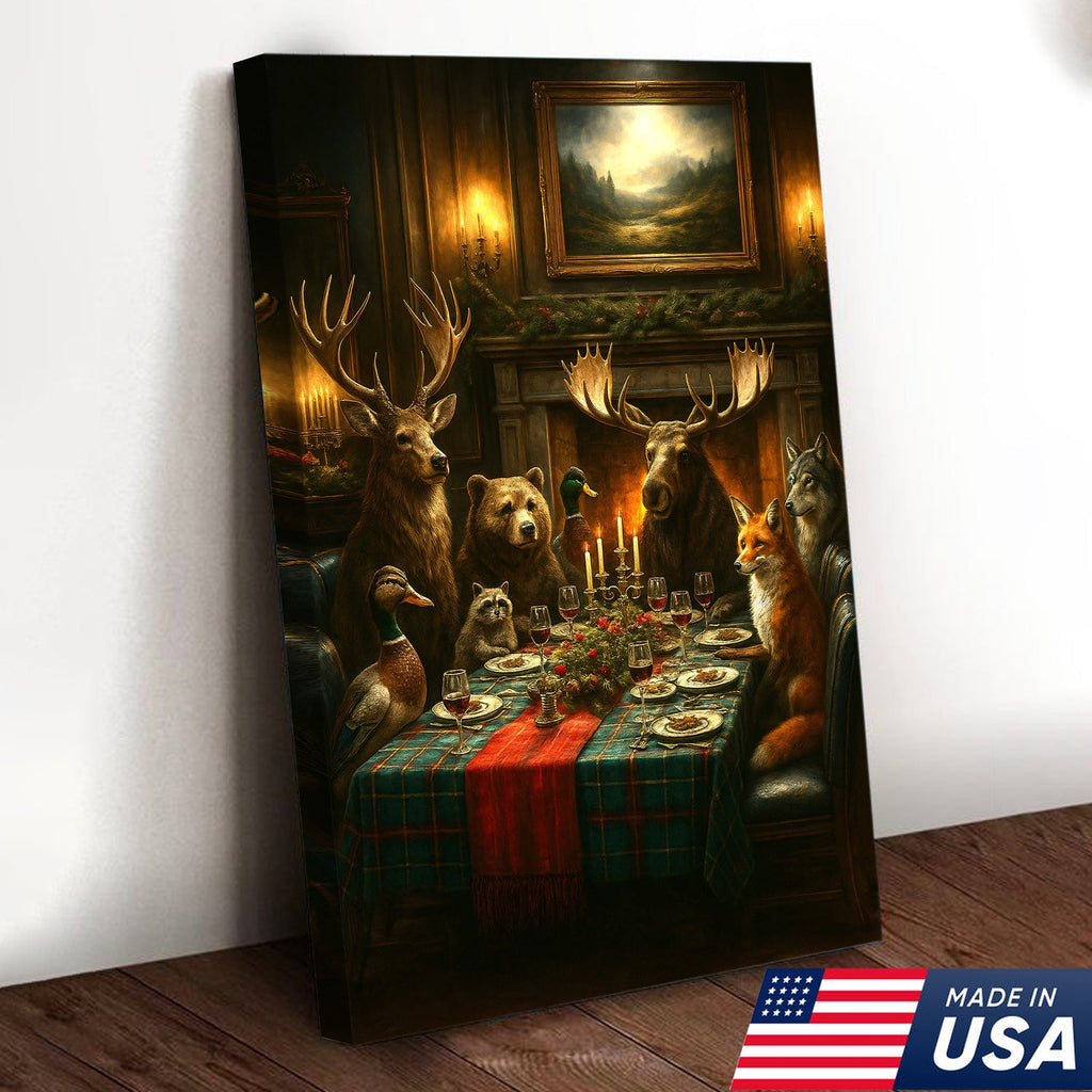 Rustic Wildlife Dinner Scene Wall Art Canvas – Forest Animal Gathering Decor