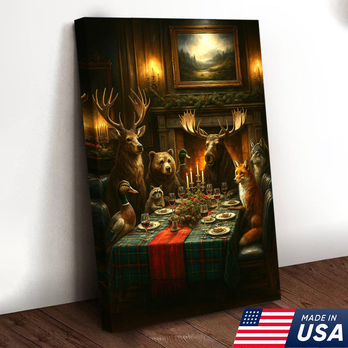 Rustic Wildlife Dinner Scene Wall Art Canvas – Forest Animal Gathering Decor
