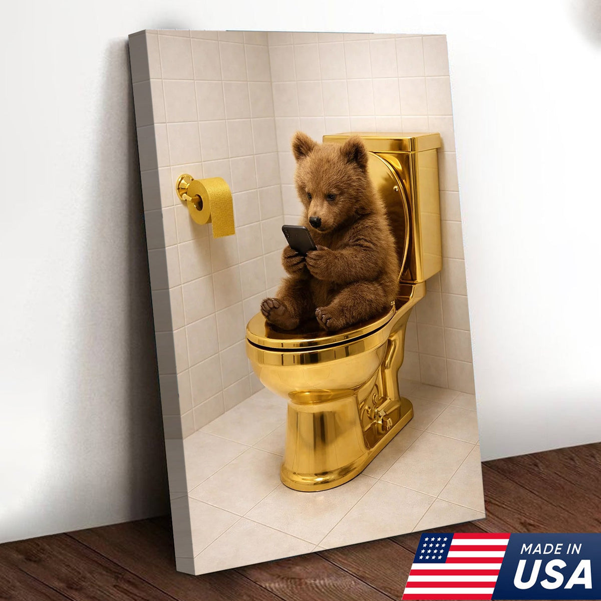 Funny Bear on Golden Toilet Canvas Wall Art, Cute Animal Bathroom Humor Illustration